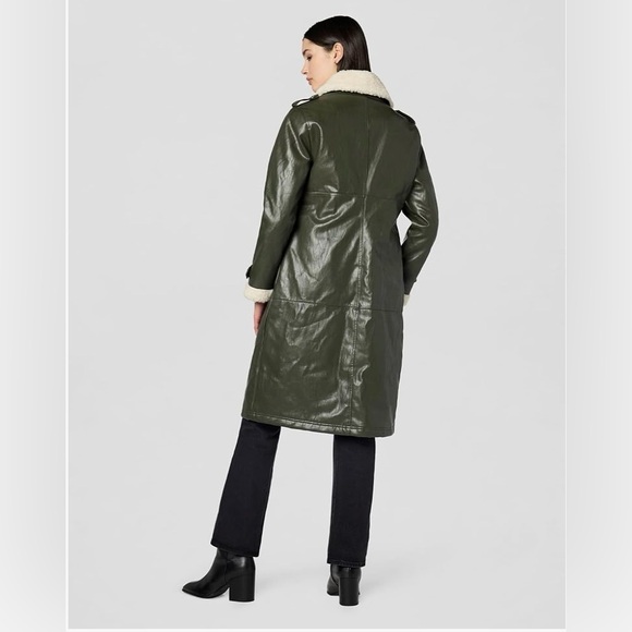 Kenneth Cole Olive faux leather Trench Coat with Cream faux shearling - Picture 12 of 13